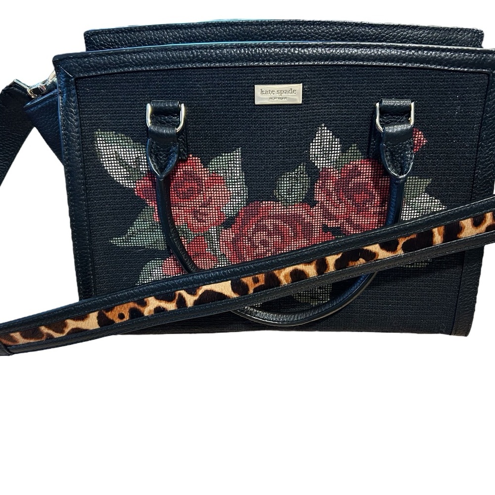 Kate Spade NY Leather Seely Lane Lana Rose Satchel Leopard Cross Stitch 🌹🐆